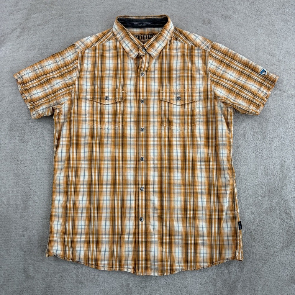 Kuhl Brisk Shirt in‎ Orange Plaid Linen Blend UPF15 Men Medium GorpCore Hike